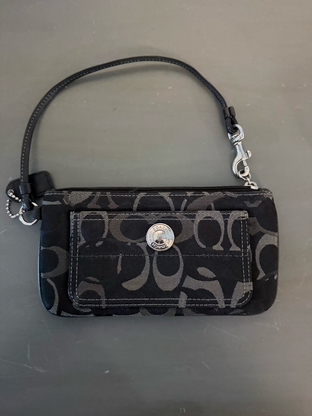 Coach Black Signature Canvas Wristlet with Silver Logo Snap